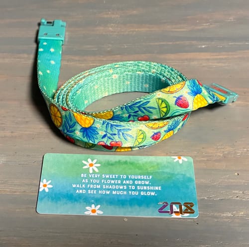 Customer's Pick Yourself String, coiled to show its two sides: a bright fruit pattern and a light aqua daisy print.