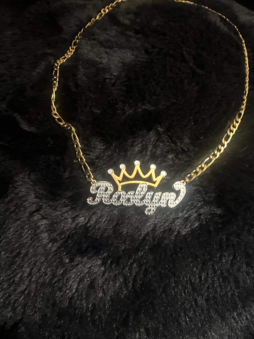 Customer photo review of Kids Double Plated Crown Name Necklace w/ Figaro Chain
