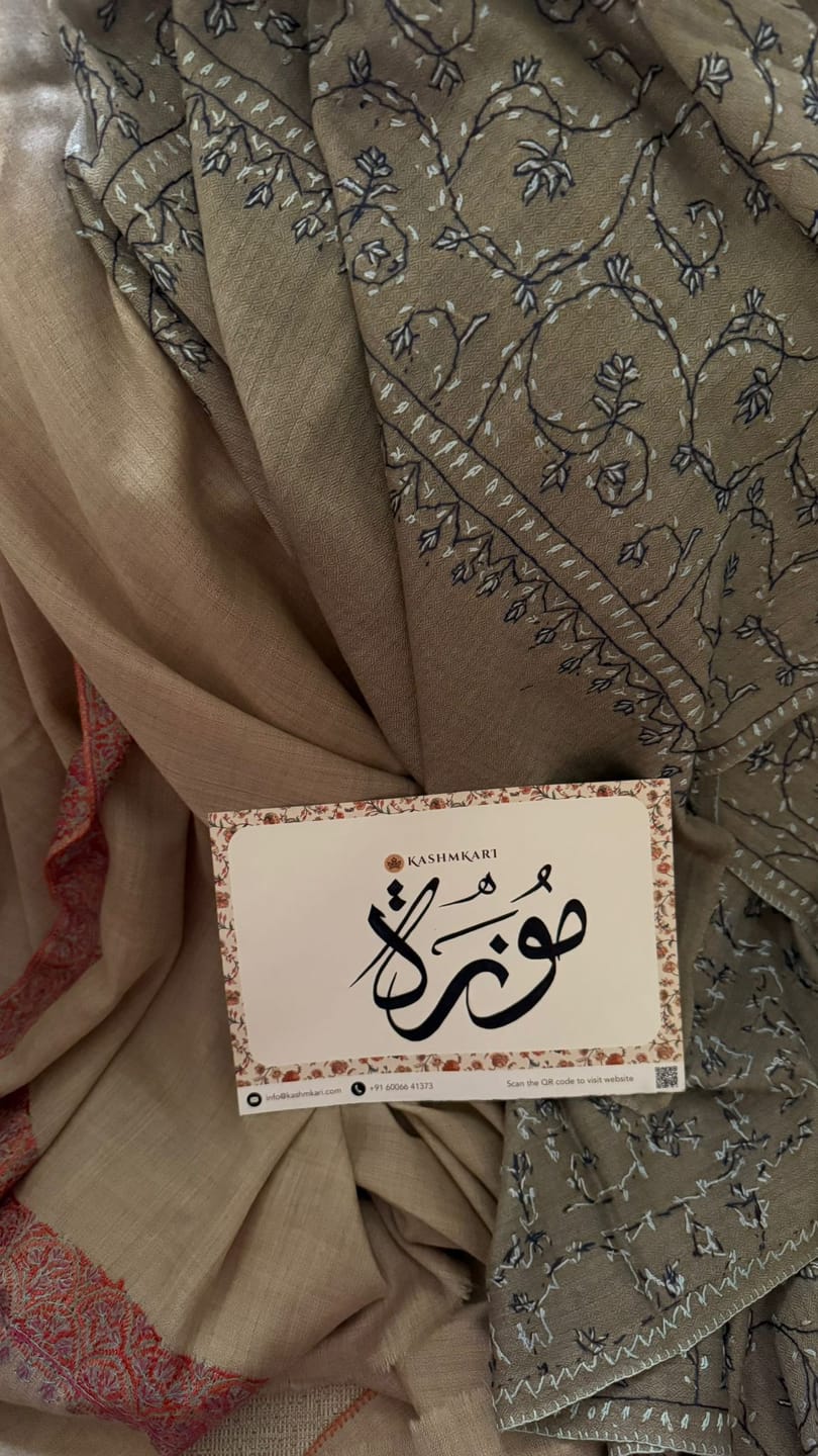 Customer photo review of 2.5 Yards | Aabroo-e-Neela — Sozni Hand-Embroidered Shawl in Taupe with Blue & White Vines