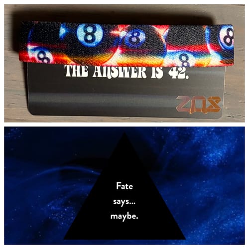 Customer's Good Question bracelet on its card, plus a screenshot of the interactive result: 'Fate says... maybe.'