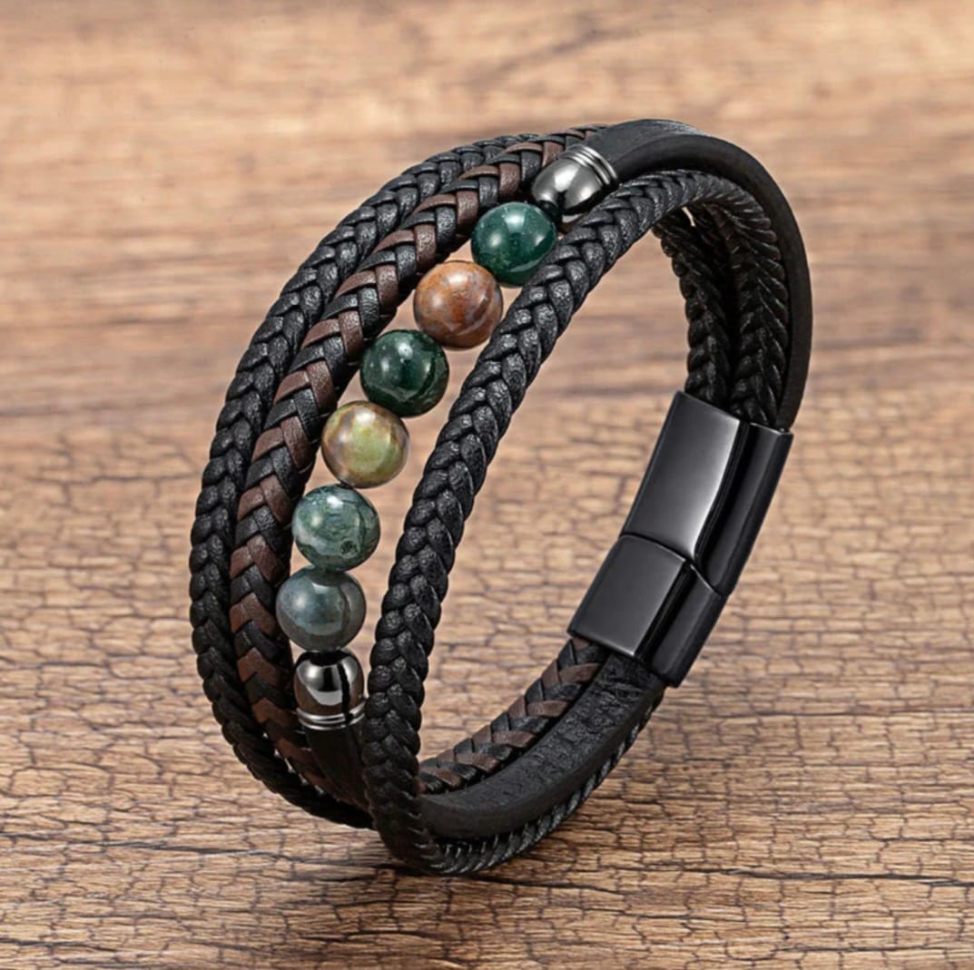 Customer photo review of Buddha Stones Tiger Eye Lava Rock Black Onyx Lazurite Hematite Bead Positive Leather Bracelet