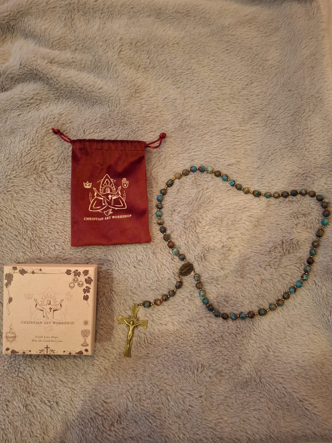Customer photo review of Christianartworkshop Green Agate Prayer Rosary with Bronze Rose Accents: A Sacred Journey of Healing and Faith
