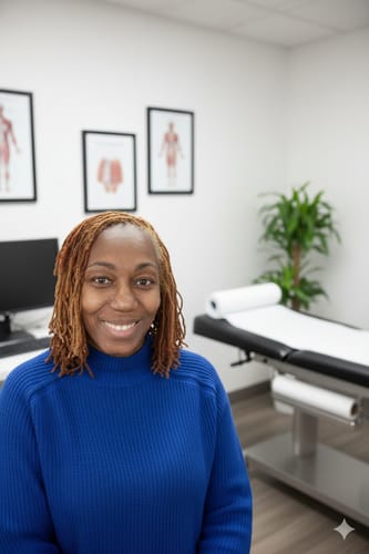 Customer wearing the vibrant blue, knit Raw Seam Turtleneck Sweater in an office.