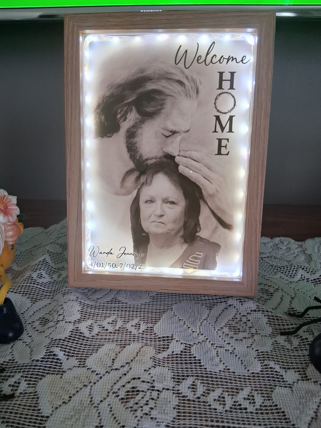 Customer photo review of Personalized Photo Memorial Welcome Home, Safe In Arms Of Jesus Sympathy Gift Loss Loved One Frame Light Box