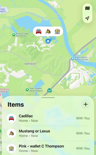 Customer's tracking app showing three SPOTMINDERS cards in use for a wallet and two cars, all listed as 'With You'.