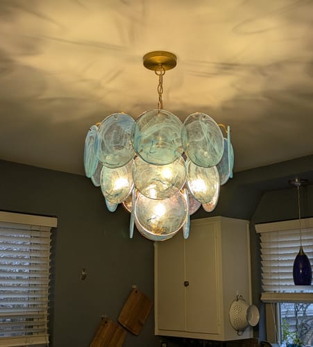 Customer photo review of Glam Blue Iridescent Swirl Glass Round Tiered Chandelier