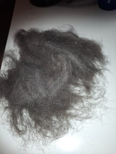 Ein Kunde zeigt einen großen Haufen graues Unterfell, der mit der Fellwunder Bürste entfernt wurde.