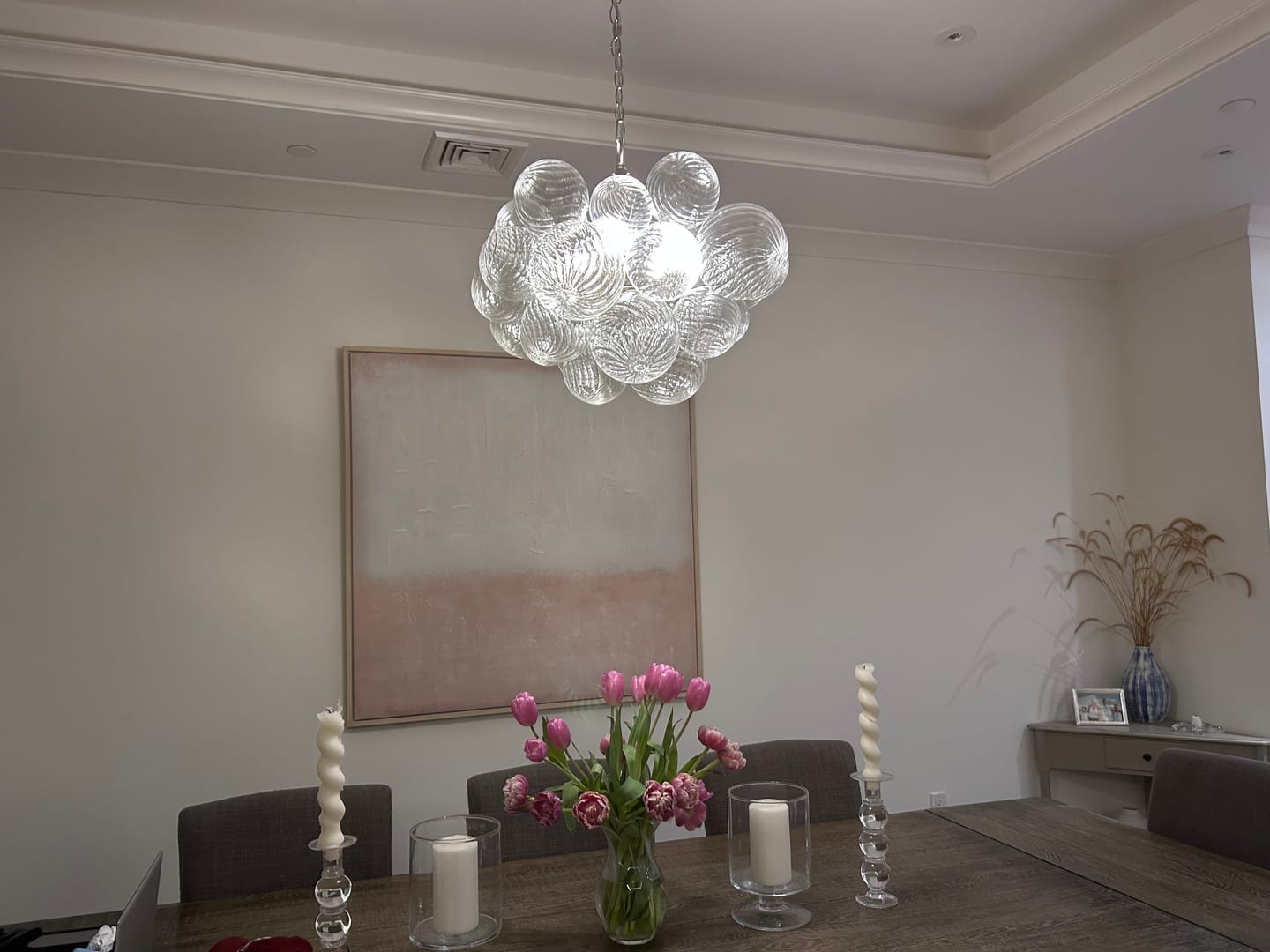 Customer photo review of Brass Cluster Ribbed Glass Globe Bubble Chandelier
