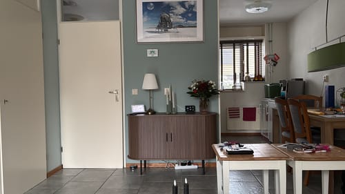 Het walnootkleurige Panel Dressoir van een klant, opgesteld in een woonkamer tegen een groenblauwe muur.