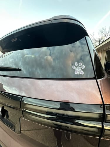Customer's Paw Print Clear Sticker with a white pattern on the rear window of their car.