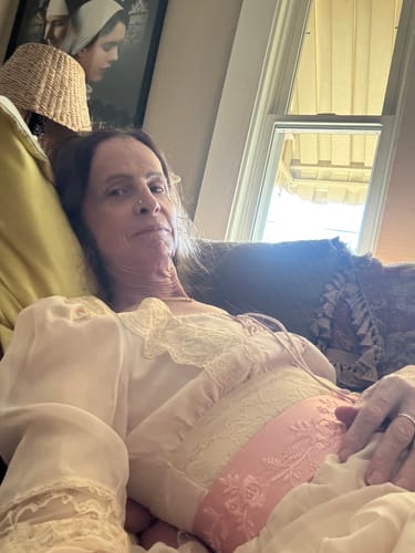 Customer photo review of Gunne Sax Inspired Beige Chiffon Prom Dress - Modest Lace Tea Dress - French Style 1980s