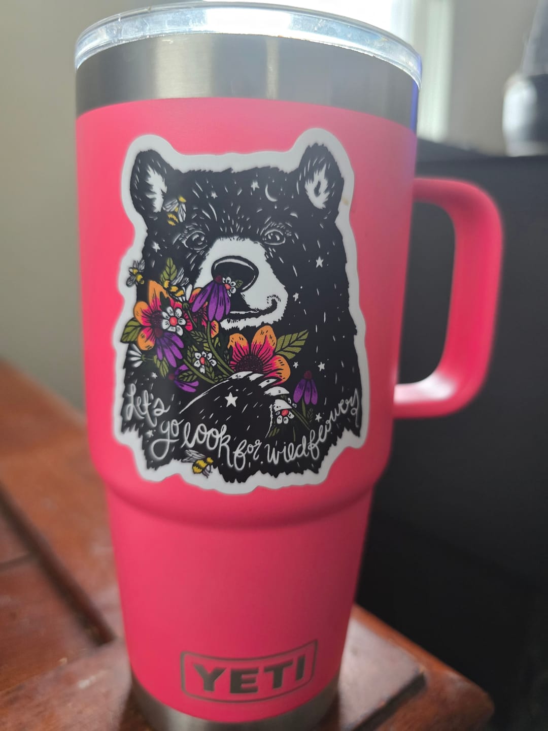 Customer photo review of "Let's go look for wildflowers" bear sticker