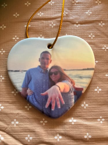 Customer photo review of Engagement Ornament - Custom Map & Photo Gift Heart-shaped Ceramic Ornament