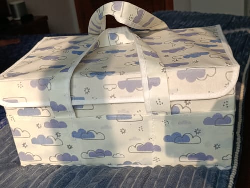 Customer photo review of Diaper Caddy with Lid- Dreamy Clouds Warm Neutral tones (Available in 2 colors)