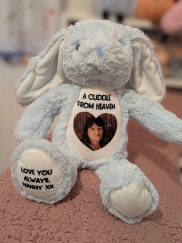 Customer photo review of A Cuddle from Heaven Personalised Photo Teddy Bear