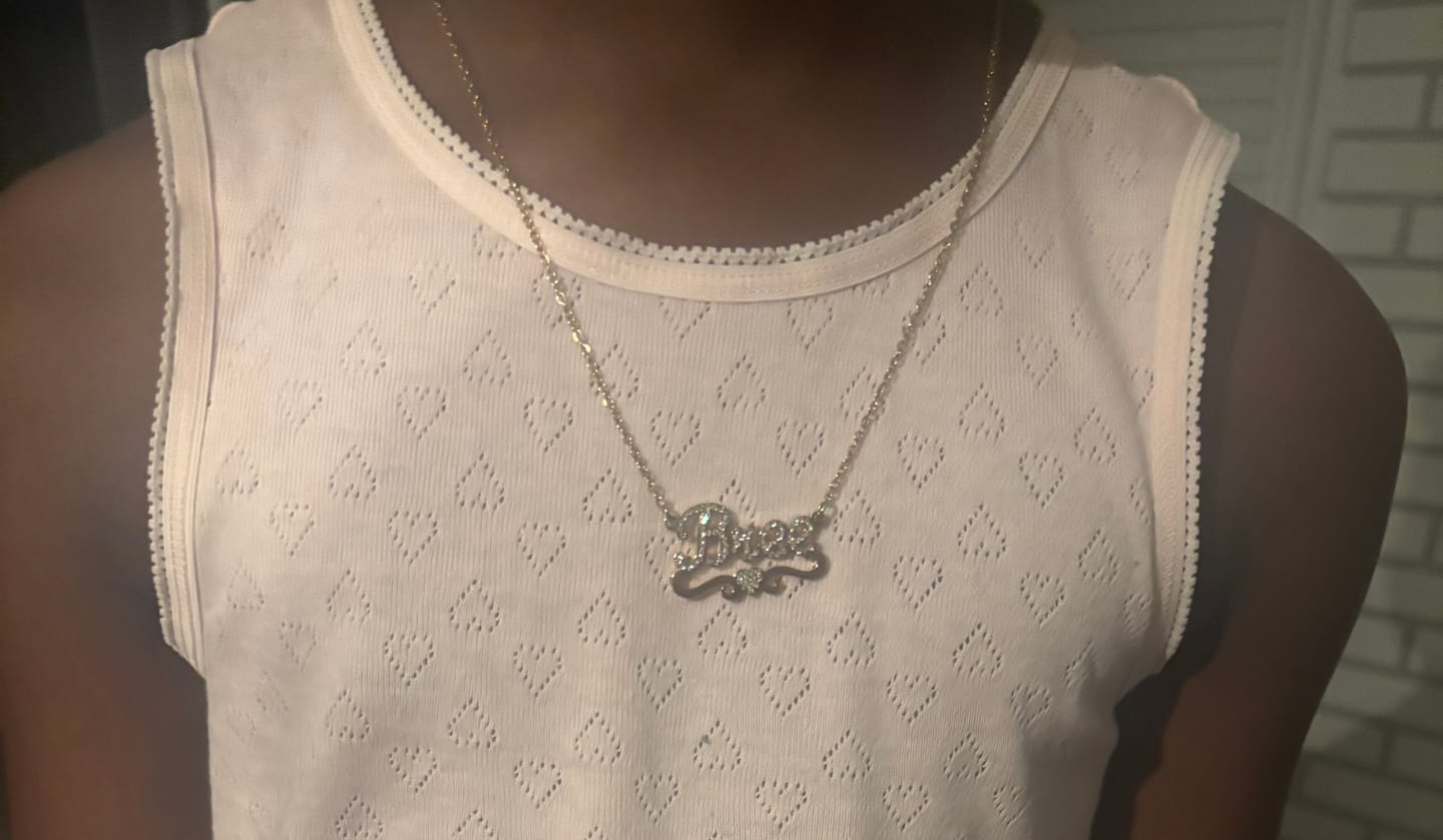 Customer photo review of Kids Iced Heart Name Necklace