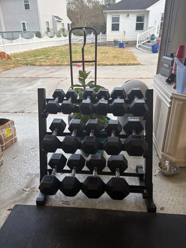 Customer photo review of Rubber Hex Dumbbells Set with Rack