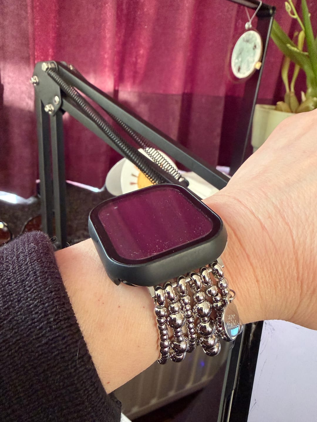 Customer photo review of Platinum Demure Stretch Apple Watch Strap
