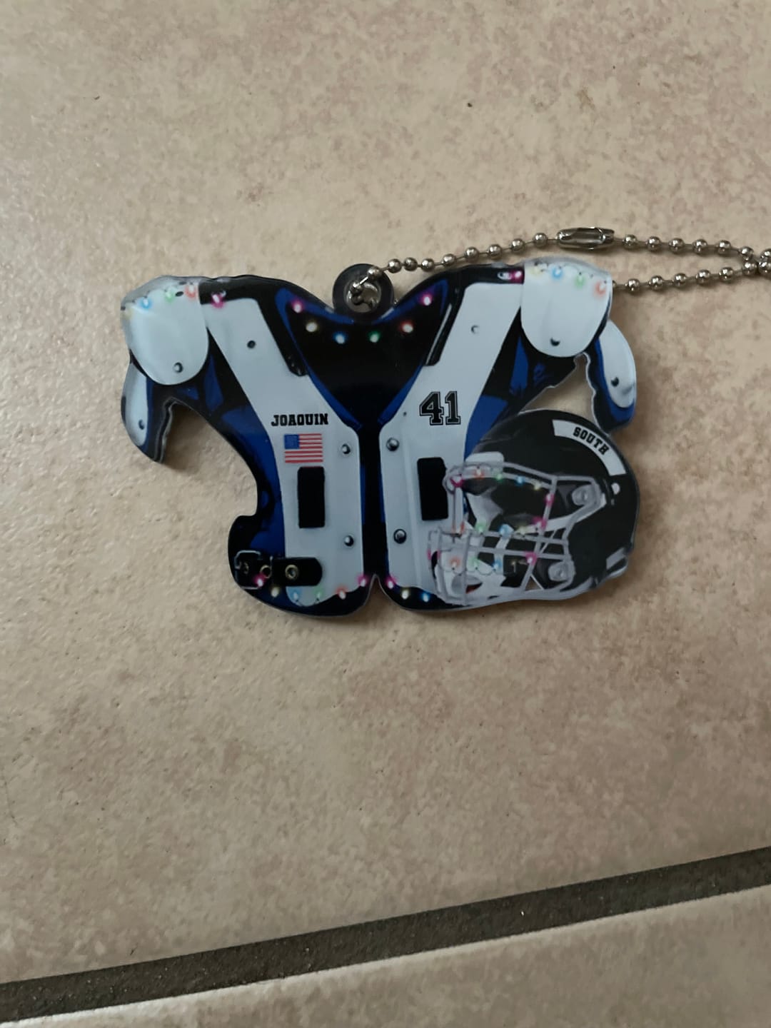 Customer photo review of American Football Shoulder Pads and Helmet Personalized Ornament