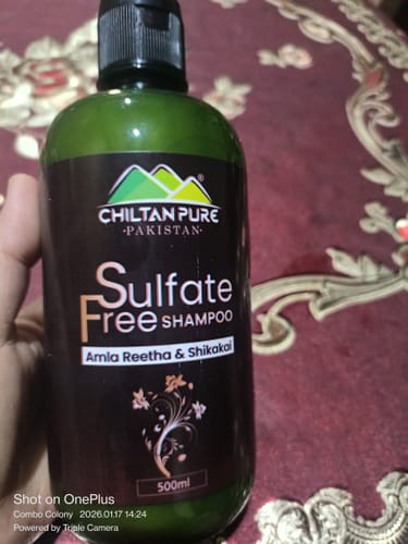 Customer's hand holding the green bottle of Chiltan Pure Sulfate Free Shampoo.