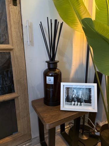 Customer's Luxury XXL Room Diffuser displayed on a small wooden table next to a framed photo and a large plant.