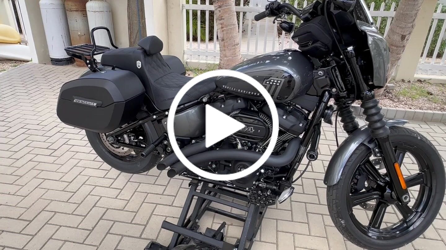 Customer video review of 32L - Darkin Large Quick Mount Leather Wrapped Hard Saddlebags for Harley Softail Street Bob FXBB