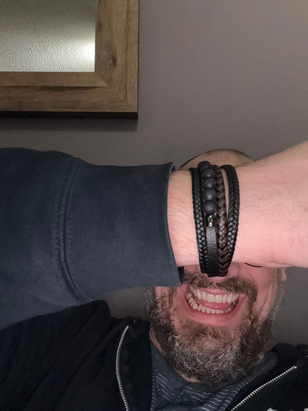 Customer photo review of Buddha Stones Tiger Eye Lava Rock Black Onyx Lazurite Hematite Bead Positive Leather Bracelet