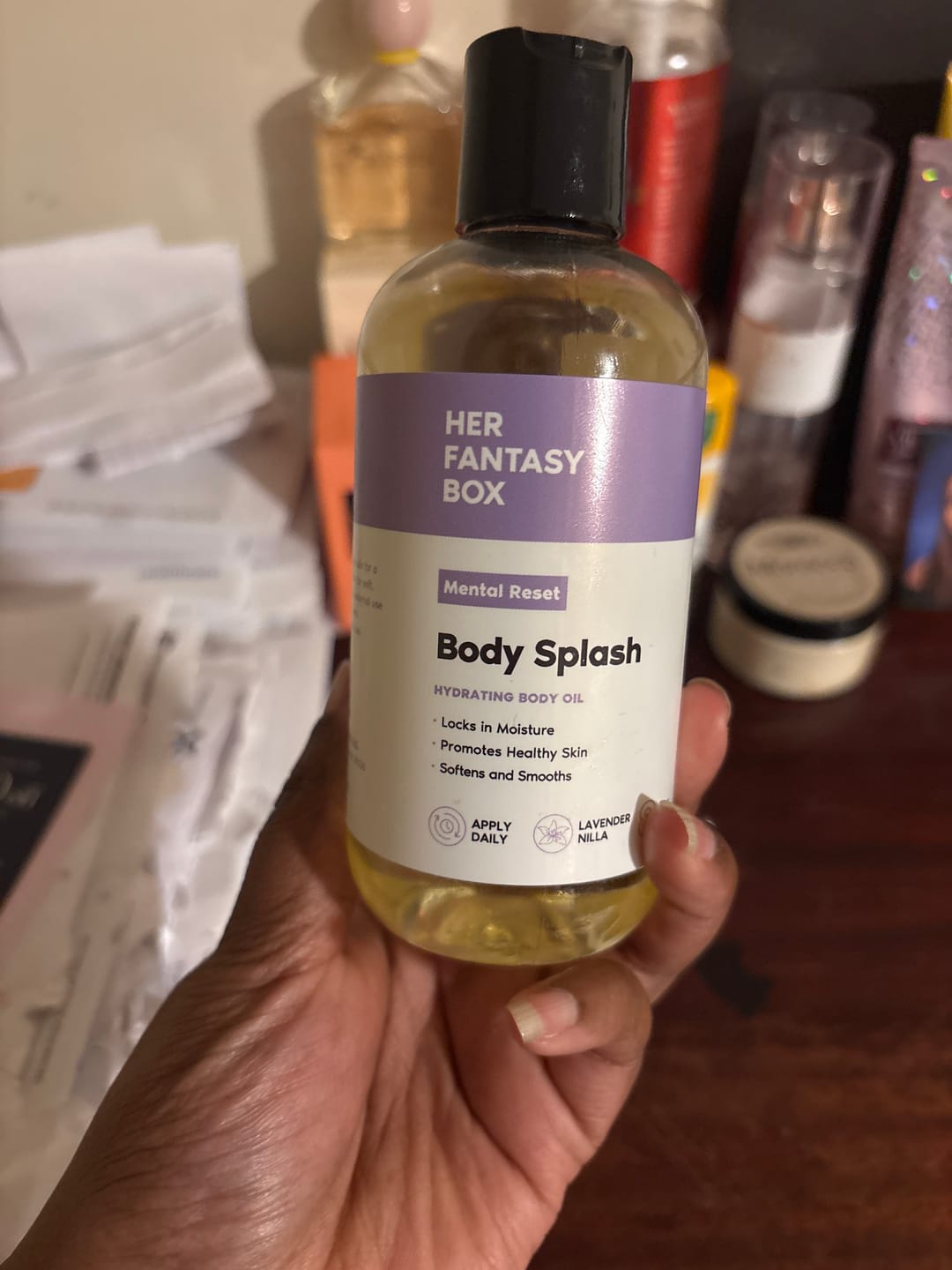 Customer photo review of Body Splash - Skin Smoothing Body Oil (Mental Reset – Lavender & Vanilla CALMING SPA SCENT)
