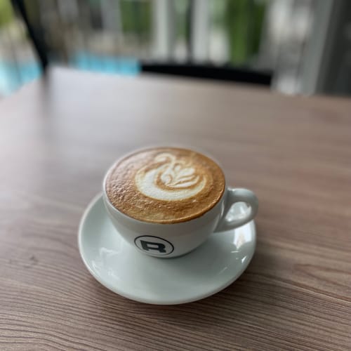 Customer's golden-brown latte made from Golden Cup Blend, with intricate swan art in a white cup.