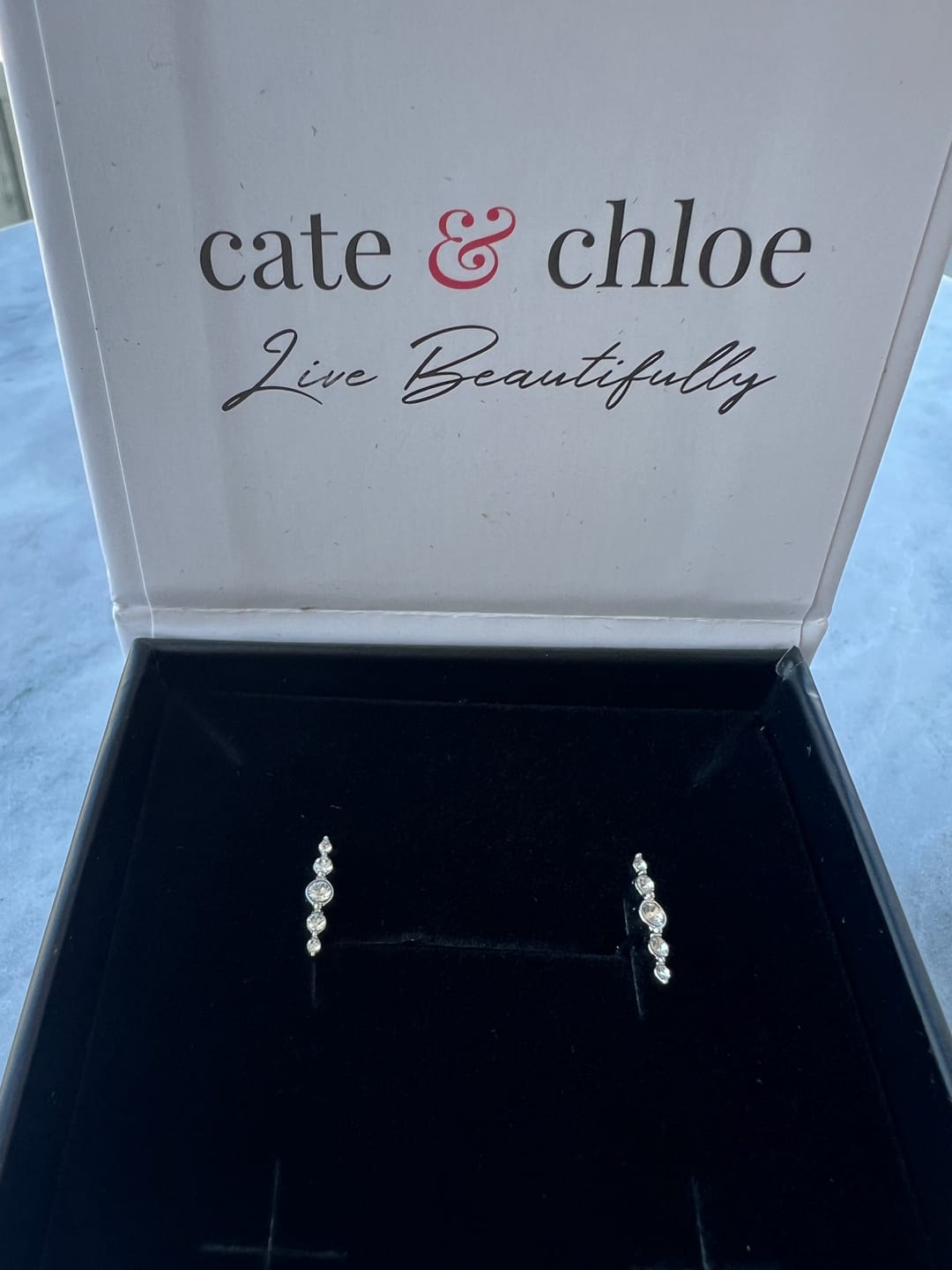 Customer photo review of Theadora 18k White Gold Plated Linear Stud Earrings with Swarovski Crystals