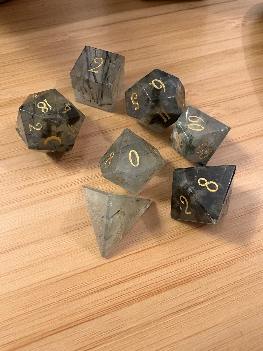 Customer photo review of URWizards D&D Prehnite Gemstone Engraved Dice Set(Limited edition)