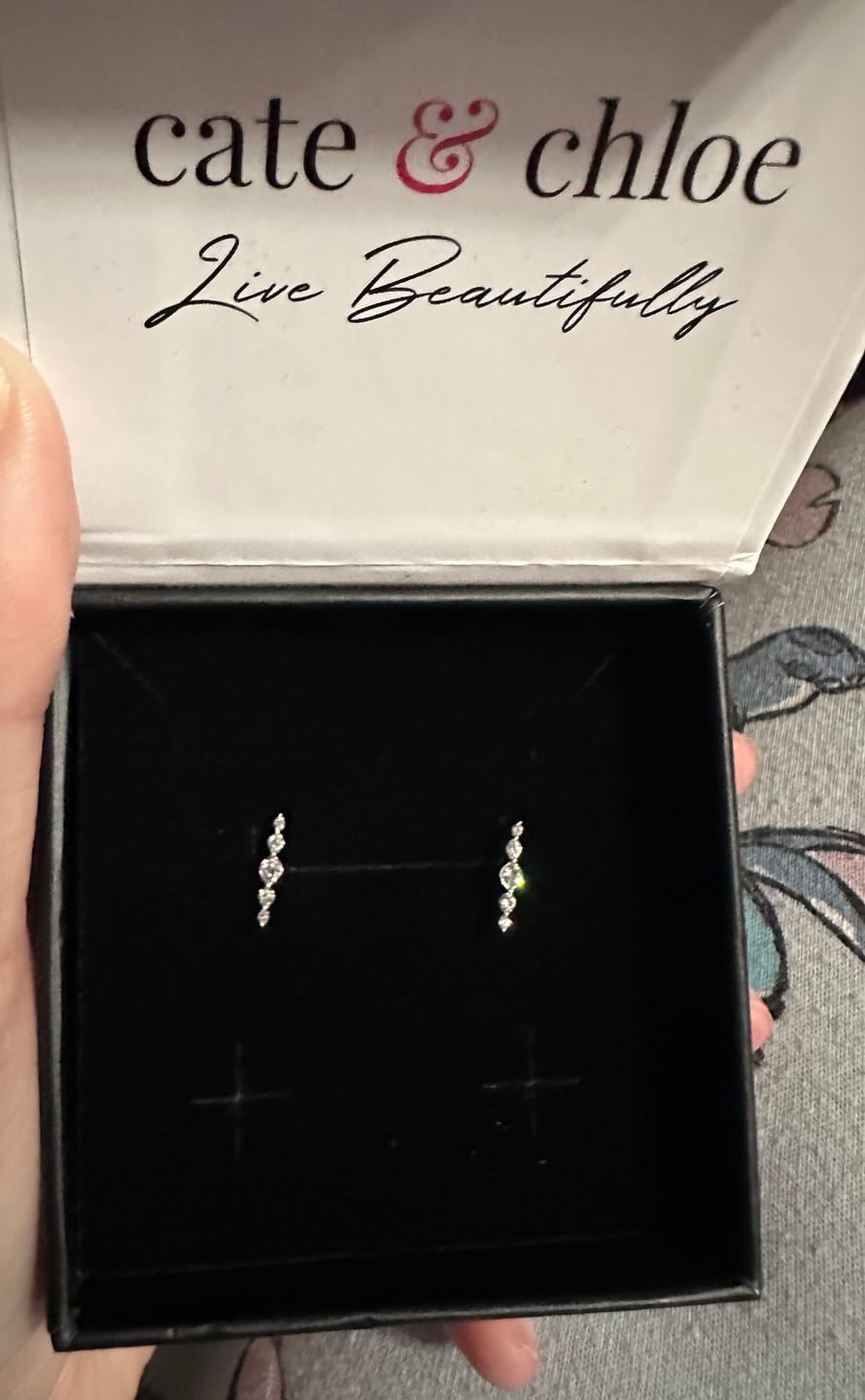 Customer photo review of Theadora 18k White Gold Plated Linear Stud Earrings with Swarovski Crystals