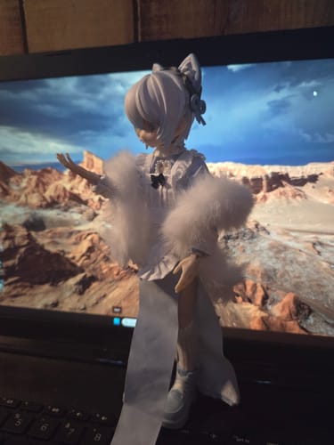Customer's Zack Event Series Head Maid figure in a white and powder blue outfit, posed on a laptop.