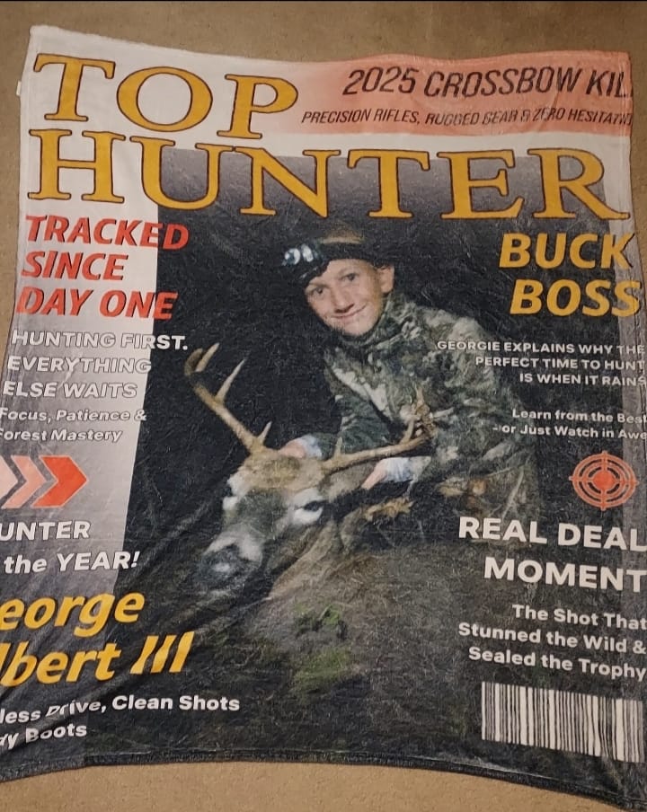 Customer photo review of Personalized "Top Hunter" Magazine Cover Blanket With Photo & Name & Tagline - Ultimate Christmas Hunting Gift For Dad Husband Friend