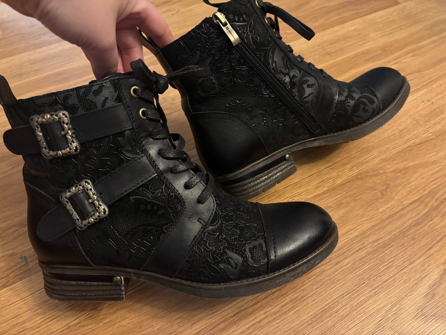 Customer photo review of Timeless Grace Floral Lace-Up Flat Ankle Boots