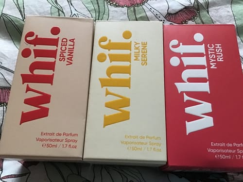 Customer's box of Milky Serene perfume, shown with the boxes for Spiced Vanilla and Mystic Rush.