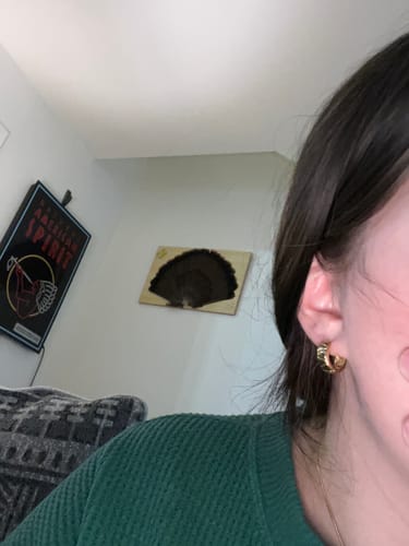 Close-up of a reviewer wearing a textured gold hoop earring from their Jewelry For The Dreamers Box.