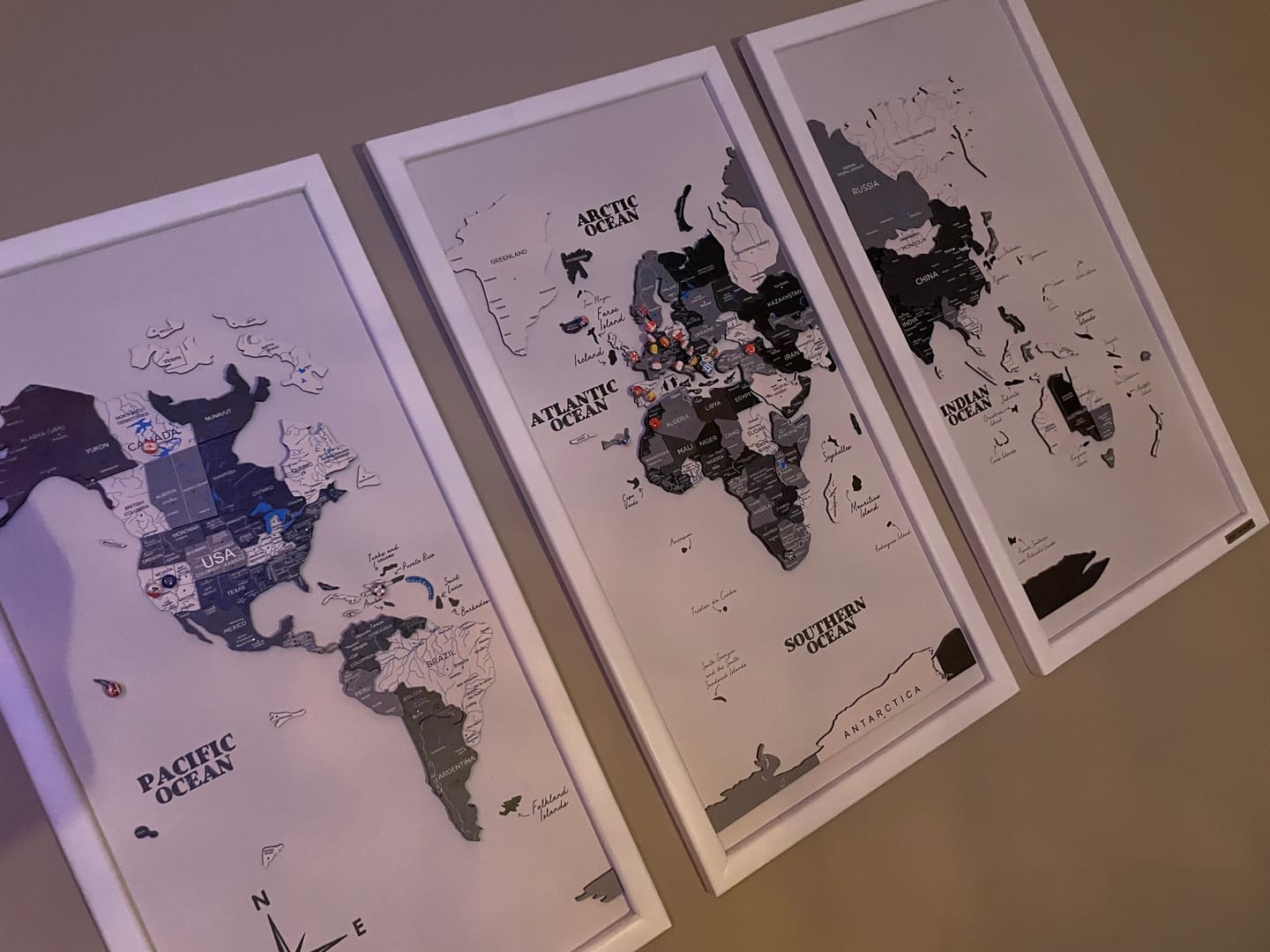 Customer photo review of Triptych Wall Art - Wooden World Map (Smokey)