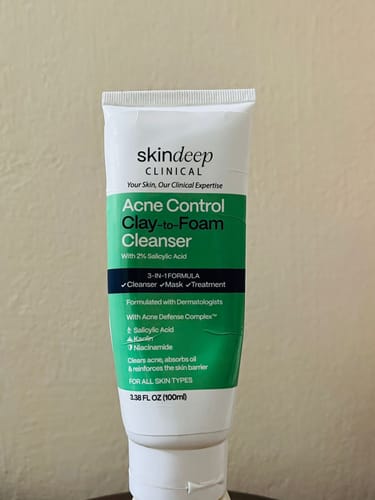 Customer's photo of the white and green tube of Acne Control Clay-to-Foam Cleanser.