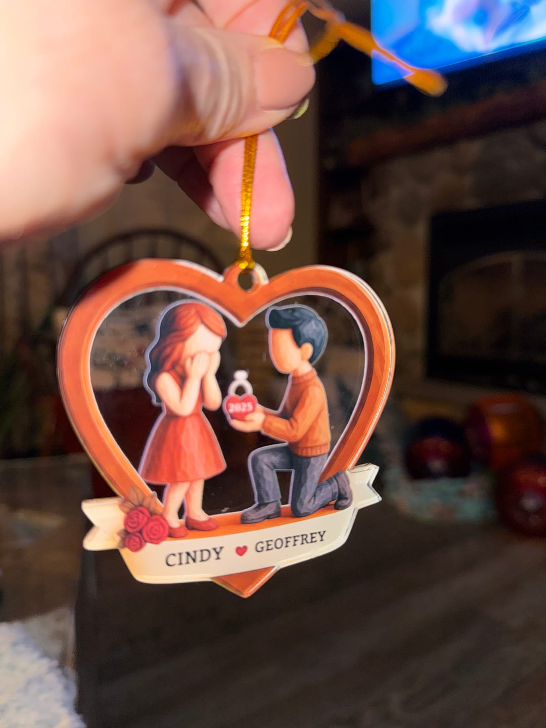 Customer photo review of Couple Marriage Proposal - Personalized Acrylic Ornament - Newly Engaged Gift, "She Said Yes!" Christmas Ornament