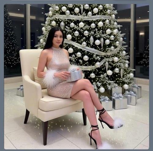 Reviewer's image for the Elysian Coat, showing them seated in an armchair by a Christmas tree.