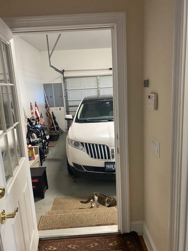 Reviewer's open doorway to a garage, showing the cat mentioned in the review that damaged the old weatherstripping.