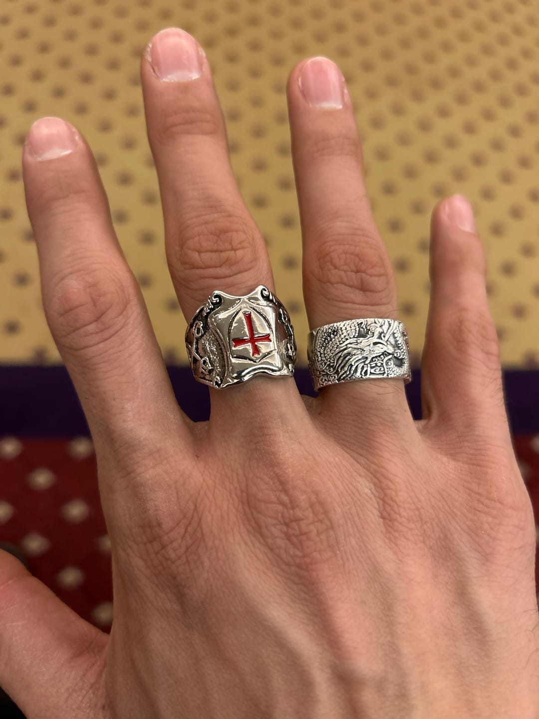 Customer photo review of FREE Today: Medieval Style Red Cross Shield Ring with Knightly Design and Engraved Details