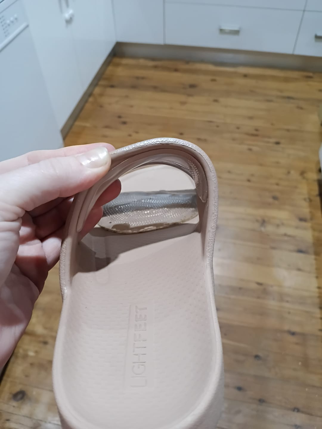 Customer photo review of Latte Shimmer - Double Strap Slides