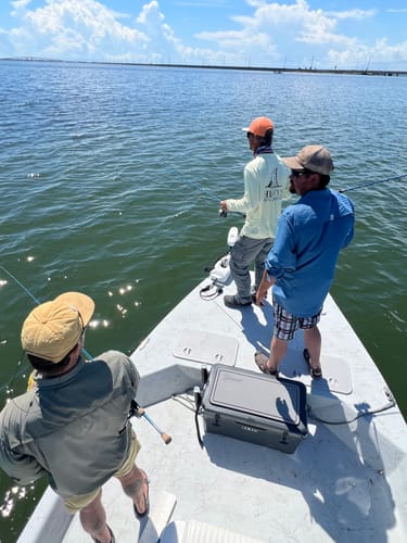 Reviewer's clients fishing from a boat with Waterloo Salinity rods on a sunny day.