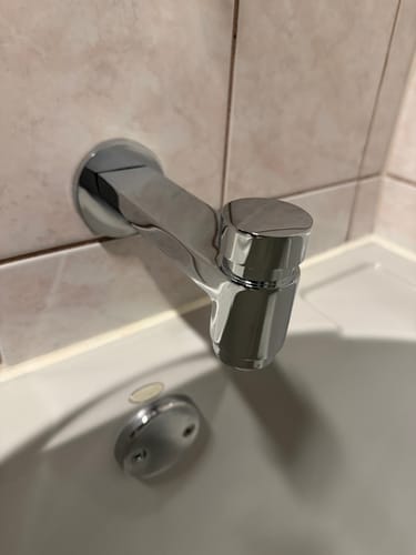 Reviewer's installed chrome tub spout with a push-down diverter above the bathtub.