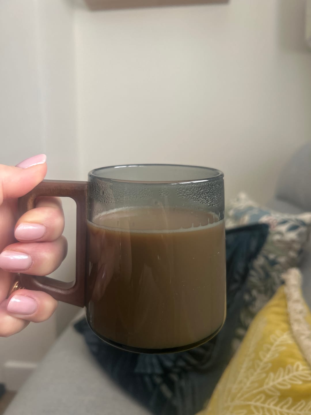 Customer photo review of Smokey Gray Glass Slanted Coffee Cups With Wooden Handle