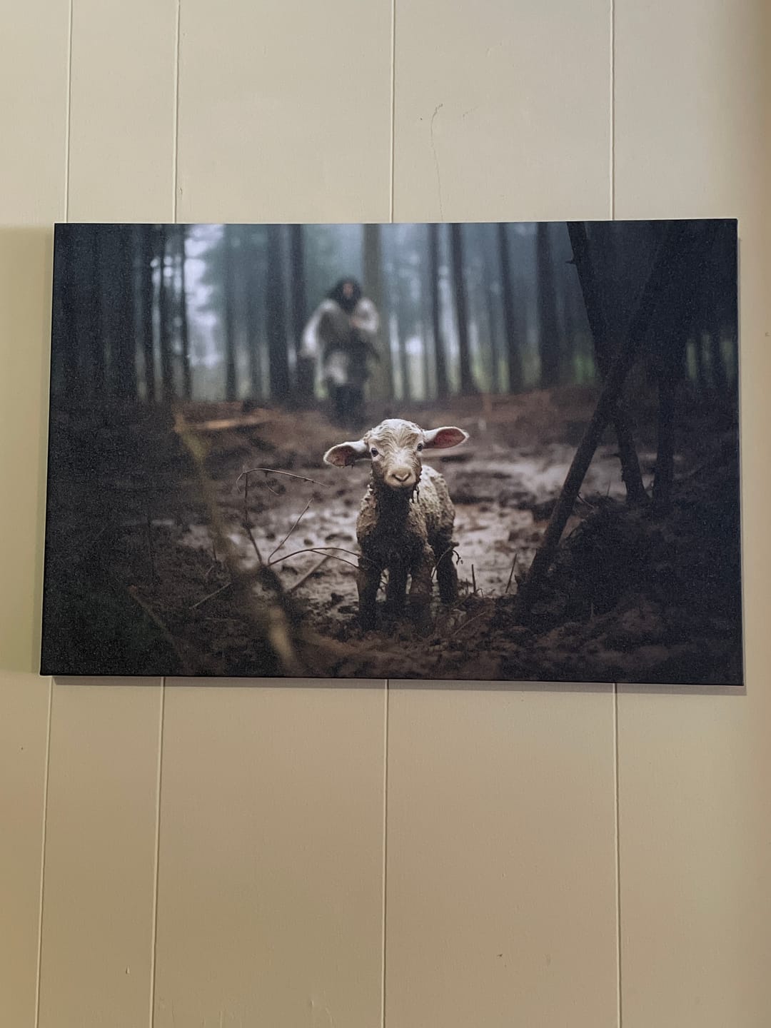 Customer photo review of Jesus Running After a Lost Lamb, Jesus and Lamb Picture, Wall Art Canvas
