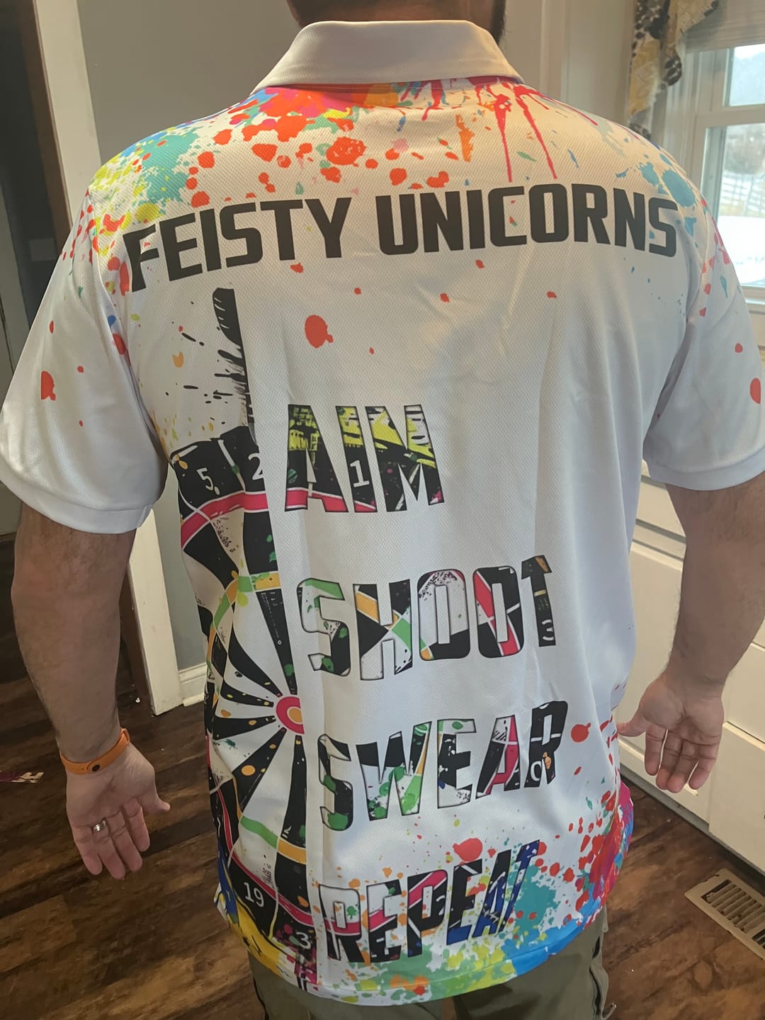 Customer photo review of Funny Dartboards Colorful Paint Aim Shoot Swear Repeat Darts Shirt For Men Custom Darts Team Jersey TDM1585