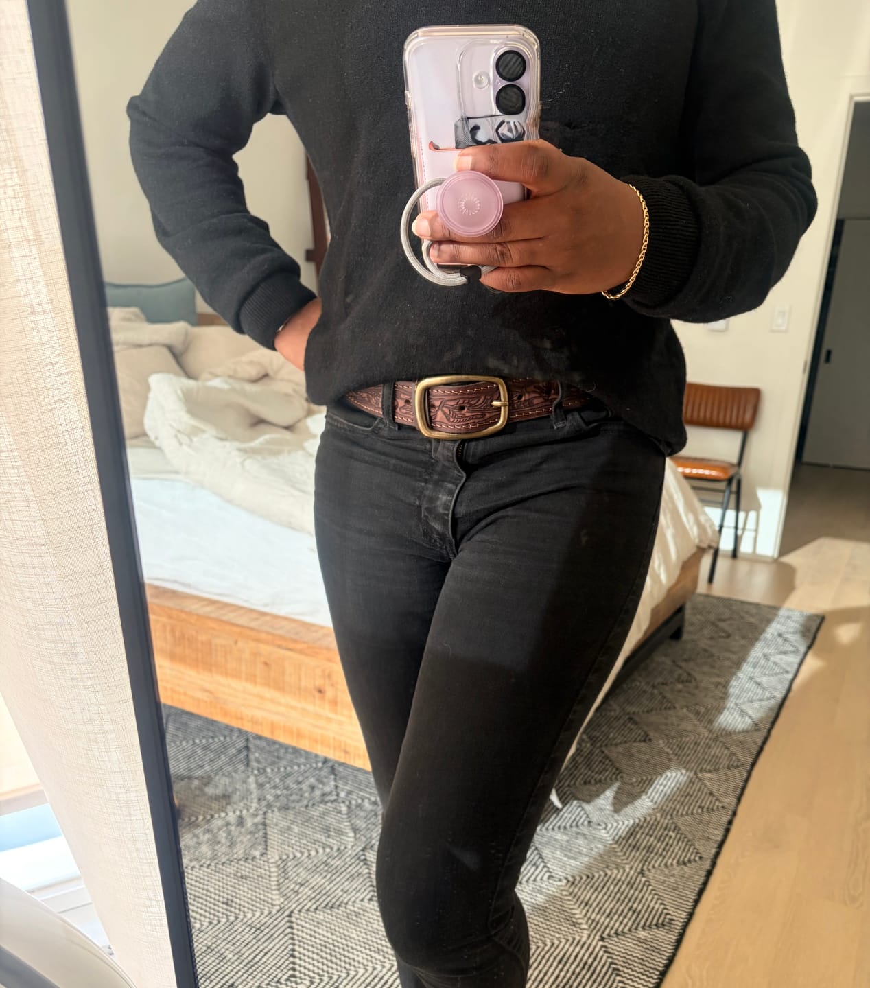 Customer photo review of Dakota - Brown Western Leather Belt with Gold Buckle - Made in Canada